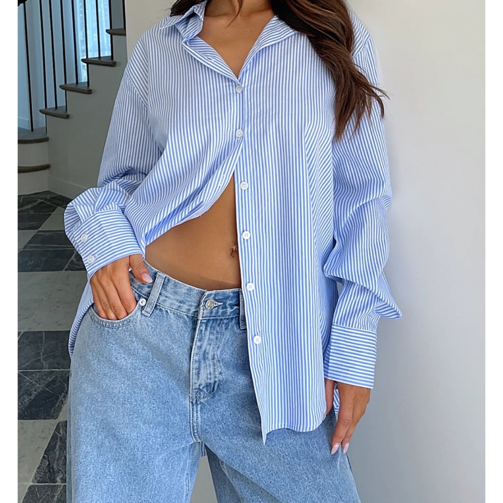 Always about us striped button up shirt light blue.